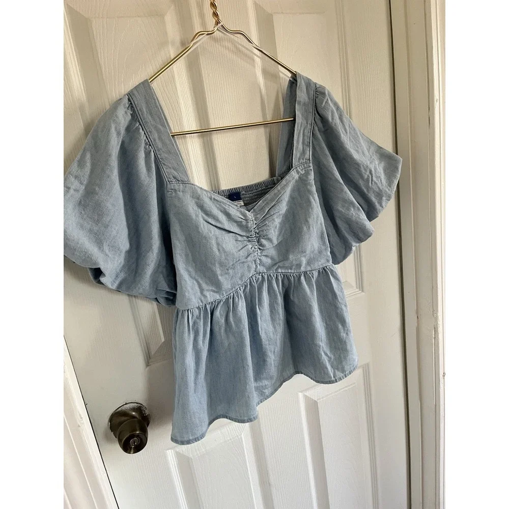OLD NAVY Blue Peplum Top L Puff Sleeve Square Neck Cotton Casual Summer Chic